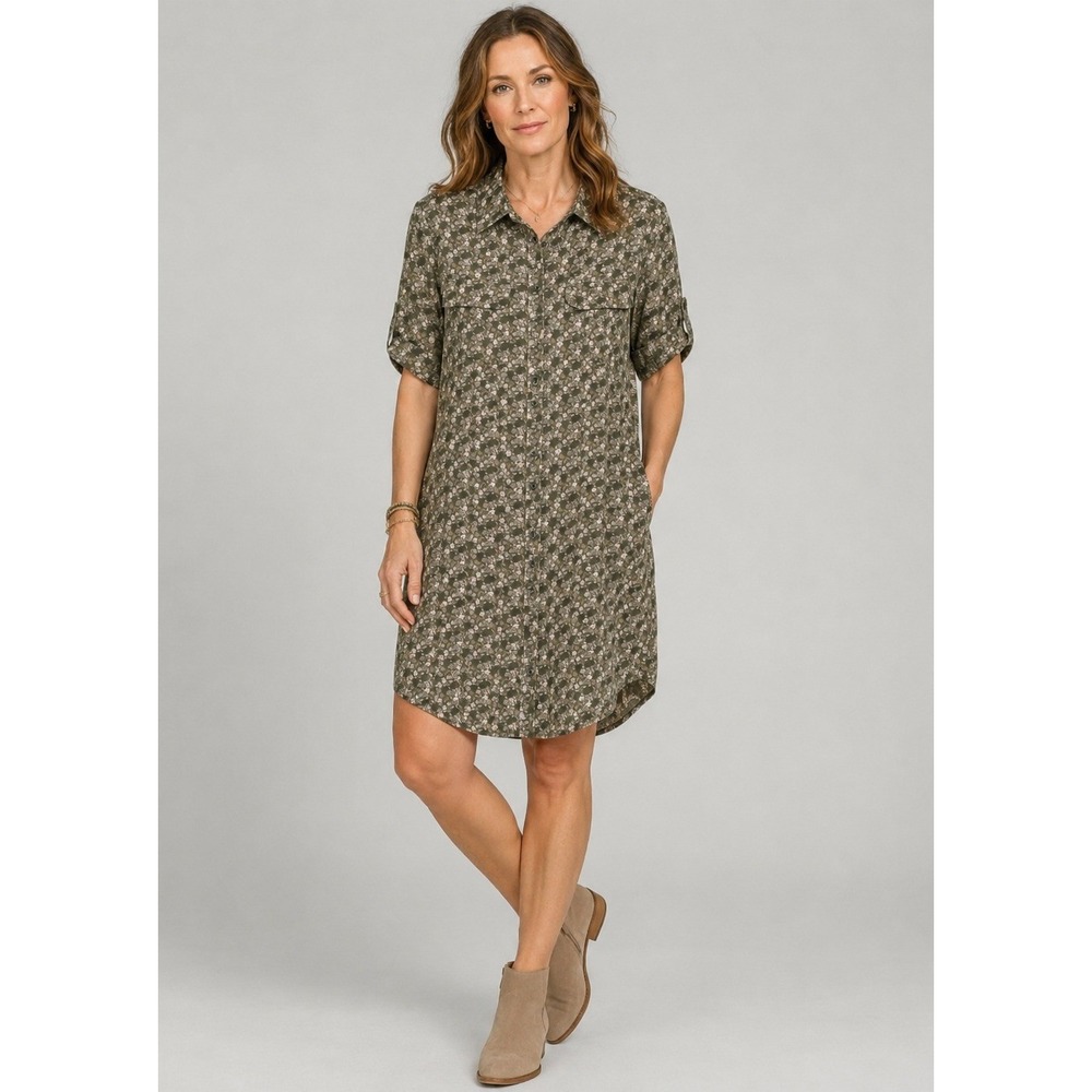 Equipment Femme Silk Floral Button‎ Down Shirt Dress Olive Green Womens Small